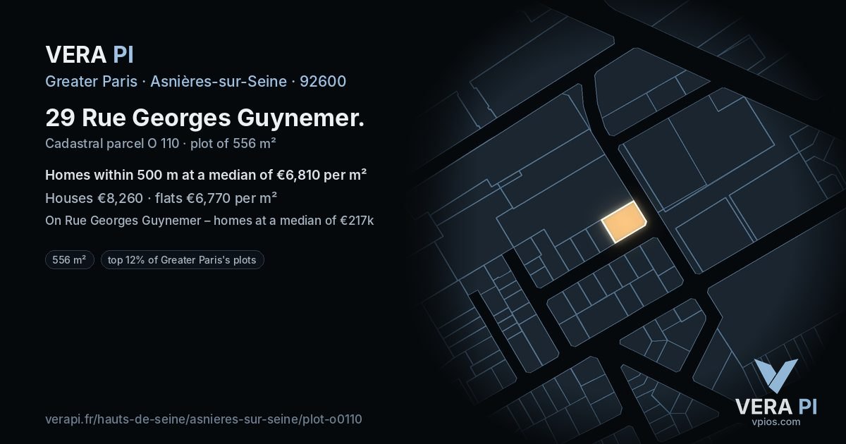 29 Rue Georges Guynemer, Asnières-sur-Seine at night – the plot lit, the parcels around coloured by the prices near them