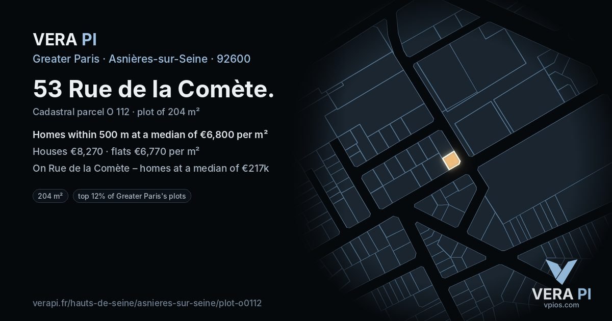53 Rue de la Comète, Asnières-sur-Seine at night – the plot lit, the parcels around coloured by the prices near them