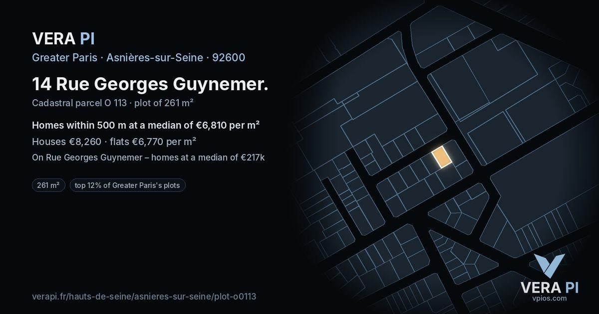 14 Rue Georges Guynemer, Asnières-sur-Seine at night – the plot lit, the parcels around coloured by the prices near them
