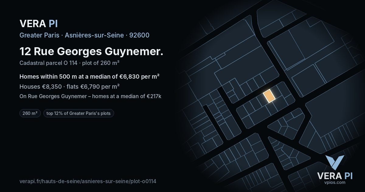 12 Rue Georges Guynemer, Asnières-sur-Seine at night – the plot lit, the parcels around coloured by the prices near them