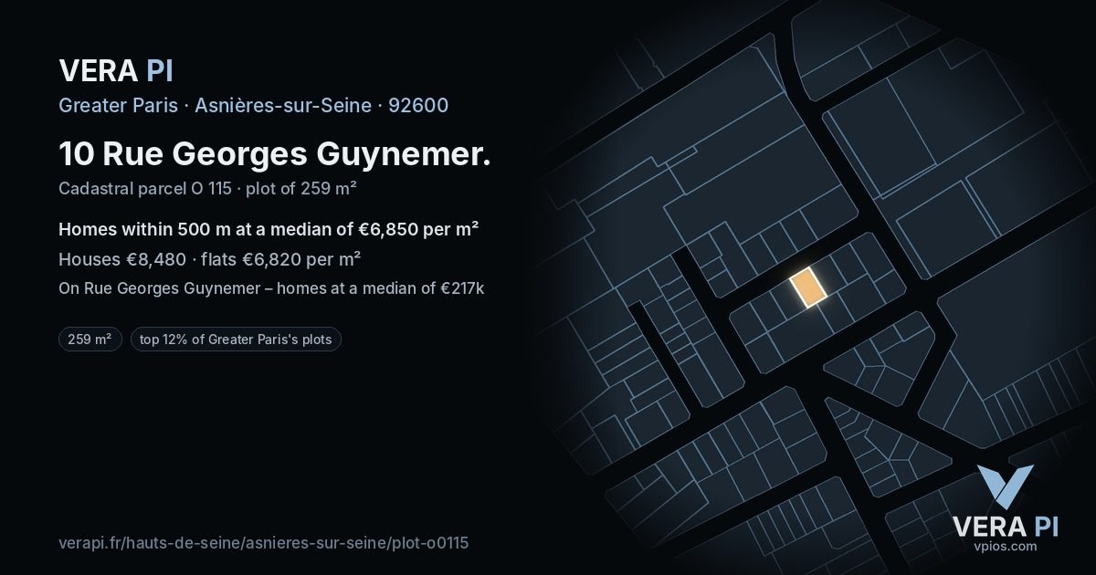 10 Rue Georges Guynemer, Asnières-sur-Seine at night – the plot lit, the parcels around coloured by the prices near them