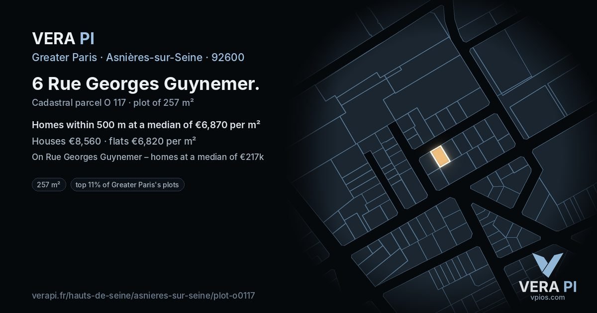 6 Rue Georges Guynemer, Asnières-sur-Seine at night – the plot lit, the parcels around coloured by the prices near them