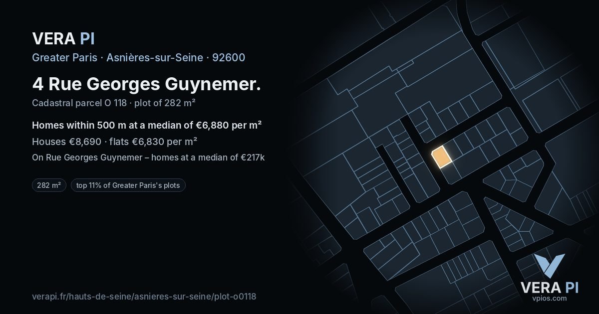 4 Rue Georges Guynemer, Asnières-sur-Seine at night – the plot lit, the parcels around coloured by the prices near them