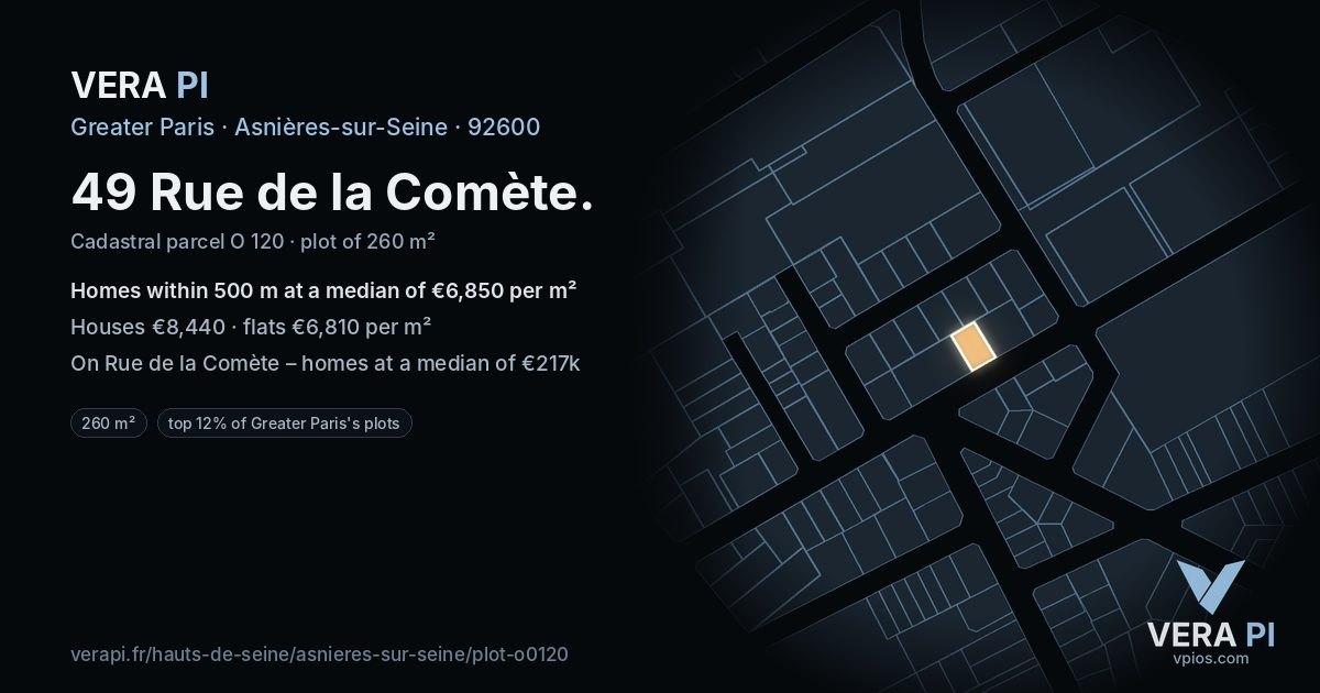 49 Rue de la Comète, Asnières-sur-Seine at night – the plot lit, the parcels around coloured by the prices near them