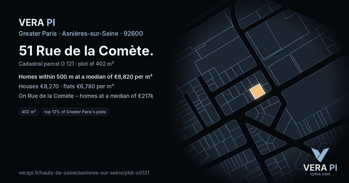 51 Rue de la Comète, Asnières-sur-Seine at night – the plot lit, the parcels around coloured by the prices near them