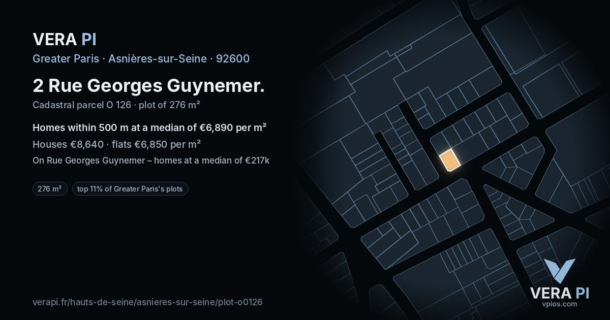 2 Rue Georges Guynemer, Asnières-sur-Seine at night – the plot lit, the parcels around coloured by the prices near them