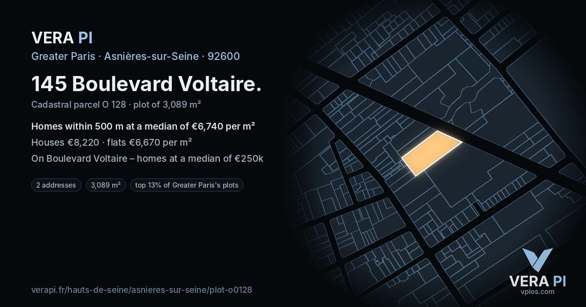 145 Boulevard Voltaire, Asnières-sur-Seine at night – the plot lit, the parcels around coloured by the prices near them