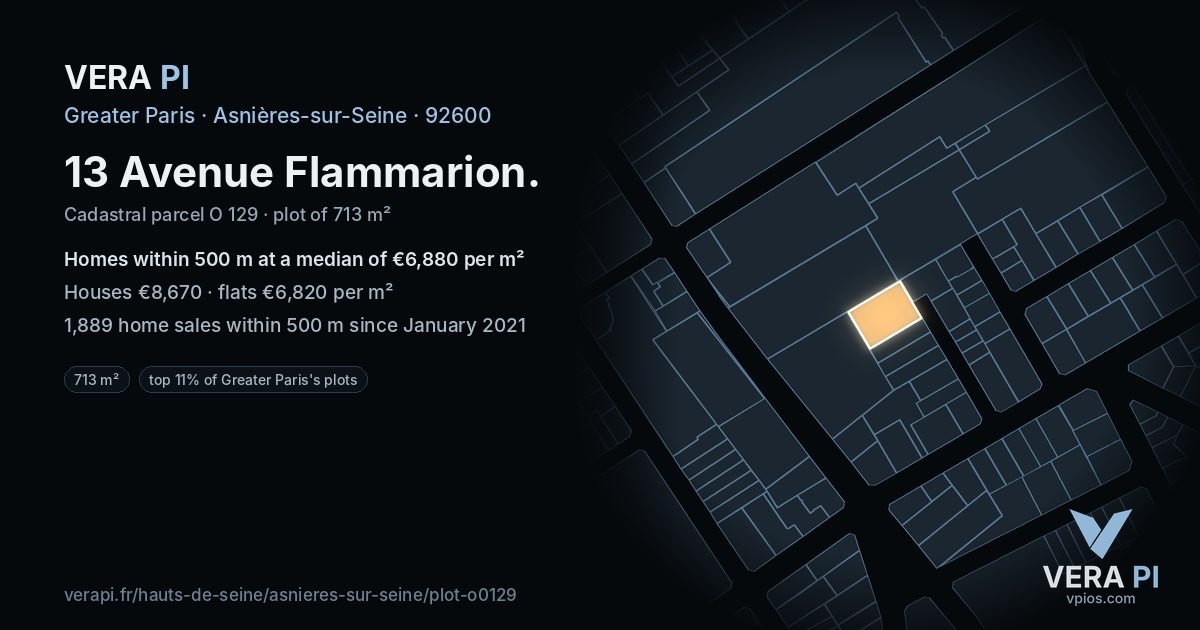 13 Avenue Flammarion, Asnières-sur-Seine at night – the plot lit, the parcels around coloured by the prices near them