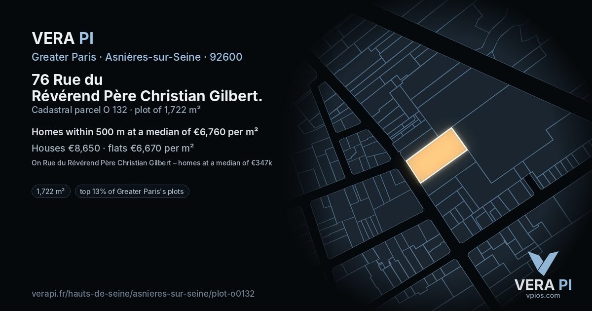 76 Rue du Révérend Père Christian Gilbert, Asnières-sur-Seine at night – the plot lit, the parcels around coloured by the prices near them