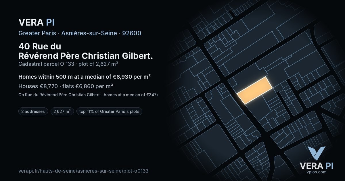 40 Rue du Révérend Père Christian Gilbert, Asnières-sur-Seine at night – the plot lit, the parcels around coloured by the prices near them