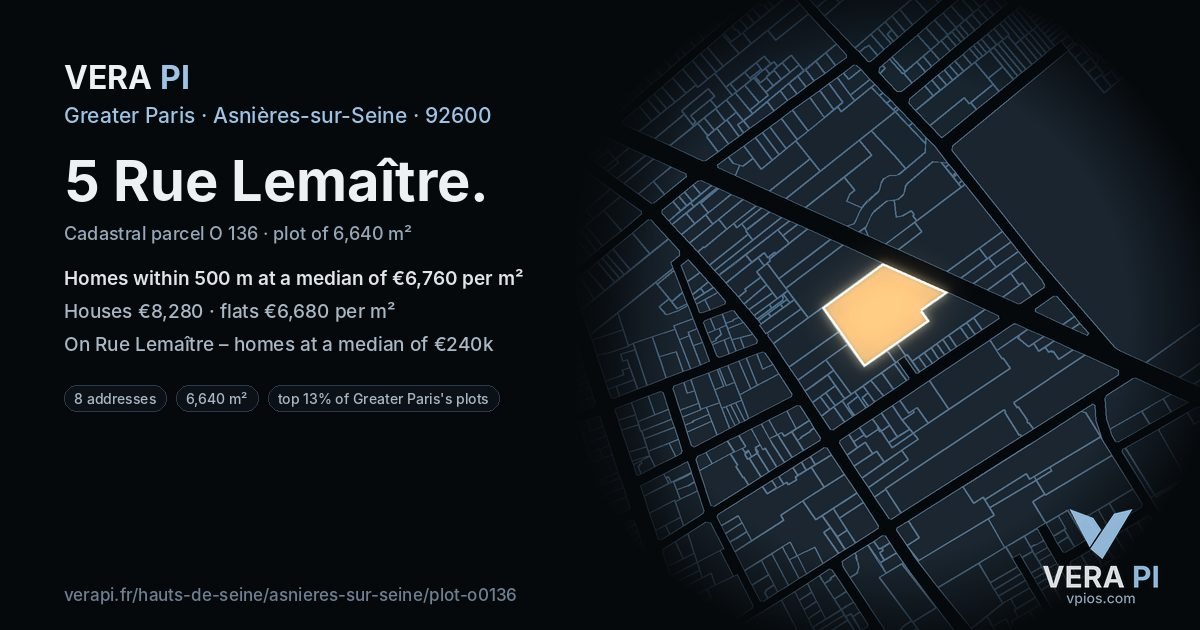 5 Rue Lemaître, Asnières-sur-Seine at night – the plot lit, the parcels around coloured by the prices near them