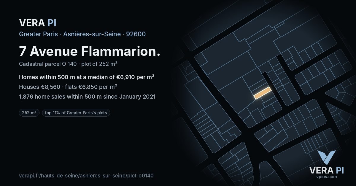 7 Avenue Flammarion, Asnières-sur-Seine at night – the plot lit, the parcels around coloured by the prices near them