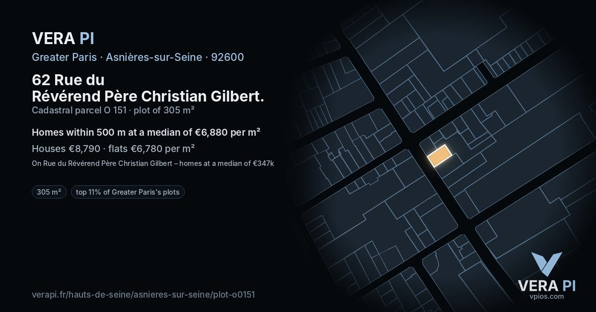 62 Rue du Révérend Père Christian Gilbert, Asnières-sur-Seine at night – the plot lit, the parcels around coloured by the prices near them