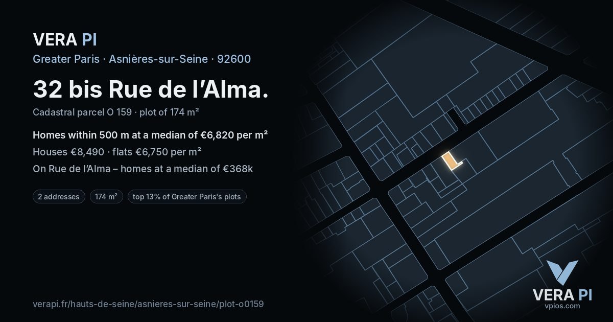 32 bis Rue de l’Alma, Asnières-sur-Seine at night – the plot lit, the parcels around coloured by the prices near them