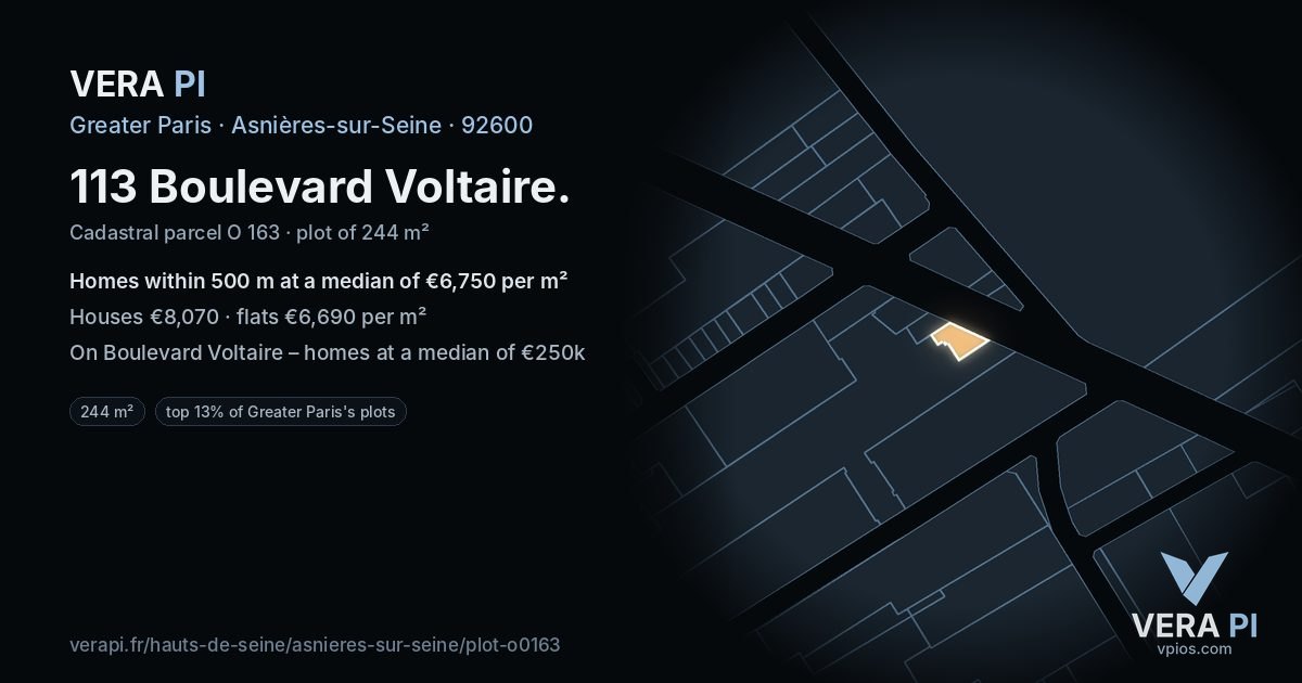 113 Boulevard Voltaire, Asnières-sur-Seine at night – the plot lit, the parcels around coloured by the prices near them
