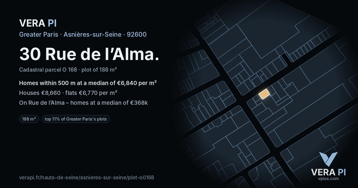 30 Rue de l’Alma, Asnières-sur-Seine at night – the plot lit, the parcels around coloured by the prices near them