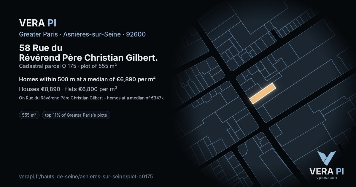 58 Rue du Révérend Père Christian Gilbert, Asnières-sur-Seine at night – the plot lit, the parcels around coloured by the prices near them