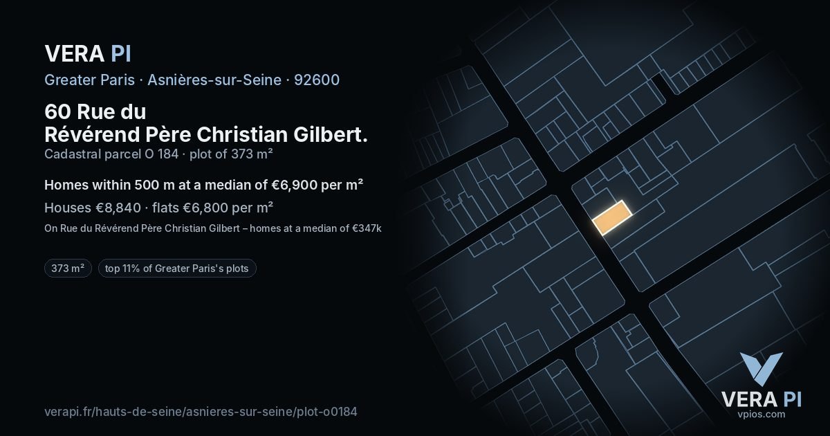 60 Rue du Révérend Père Christian Gilbert, Asnières-sur-Seine at night – the plot lit, the parcels around coloured by the prices near them