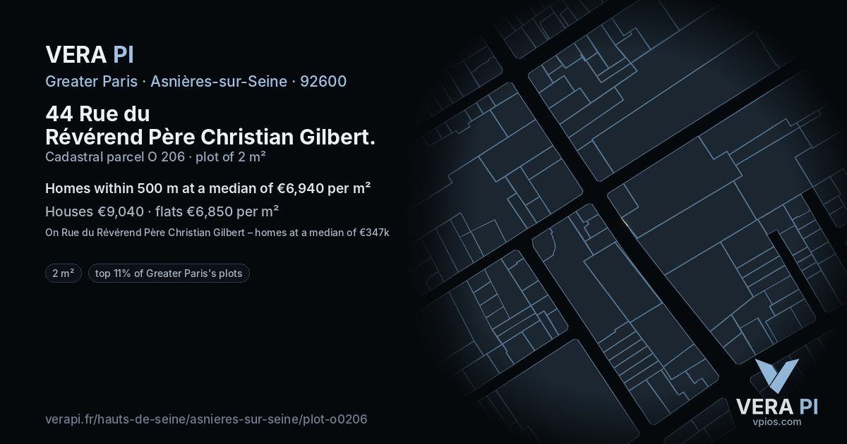 44 Rue du Révérend Père Christian Gilbert, Asnières-sur-Seine at night – the plot lit, the parcels around coloured by the prices near them