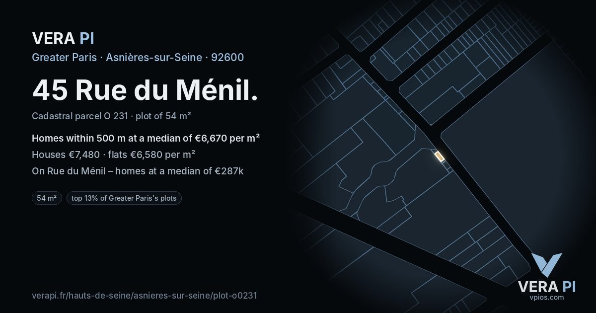 45 Rue du Ménil, Asnières-sur-Seine at night – the plot lit, the parcels around coloured by the prices near them