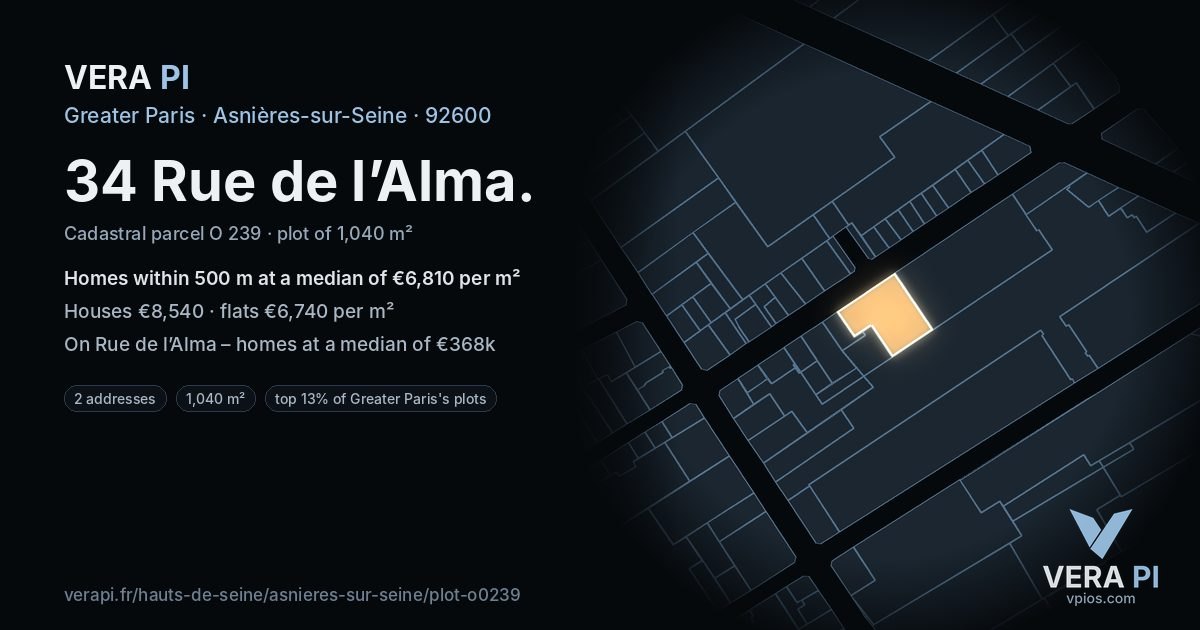 34 Rue de l’Alma, Asnières-sur-Seine at night – the plot lit, the parcels around coloured by the prices near them