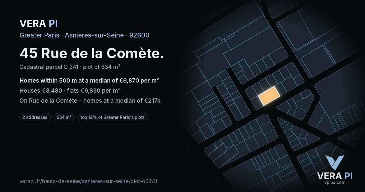 45 Rue de la Comète, Asnières-sur-Seine at night – the plot lit, the parcels around coloured by the prices near them