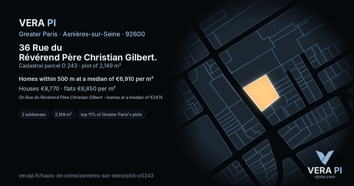 36 Rue du Révérend Père Christian Gilbert, Asnières-sur-Seine at night – the plot lit, the parcels around coloured by the prices near them