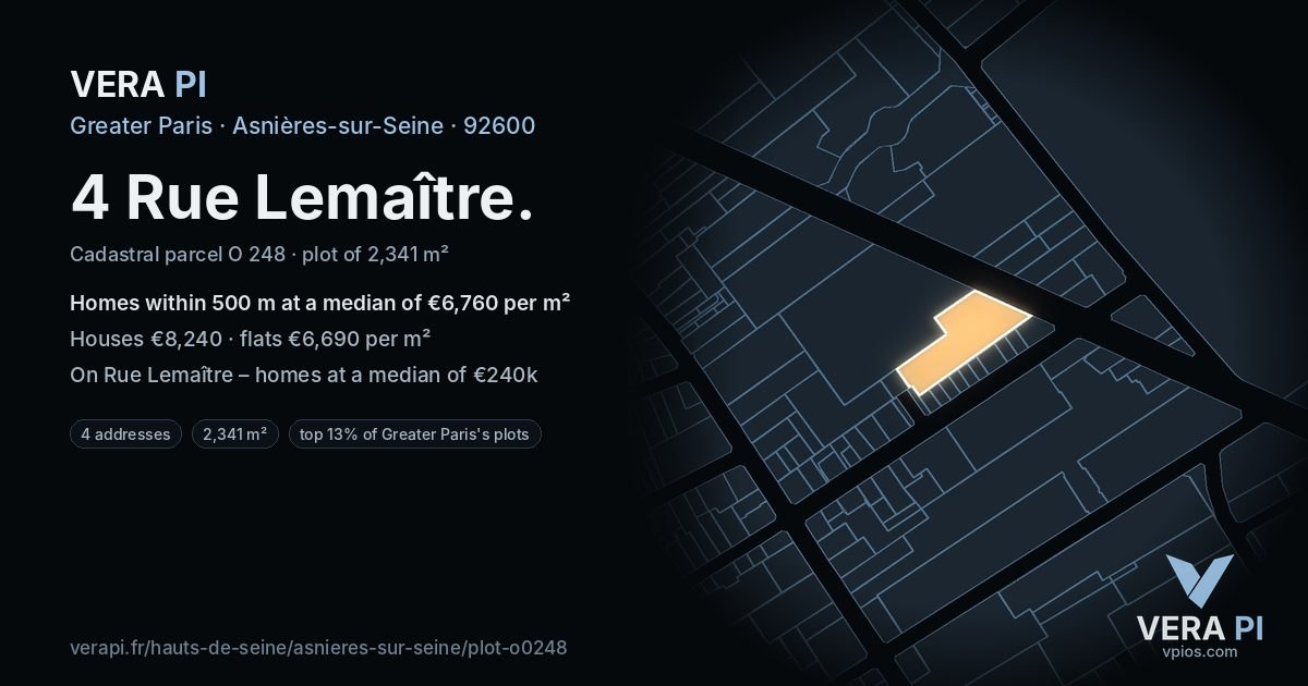 4 Rue Lemaître, Asnières-sur-Seine at night – the plot lit, the parcels around coloured by the prices near them
