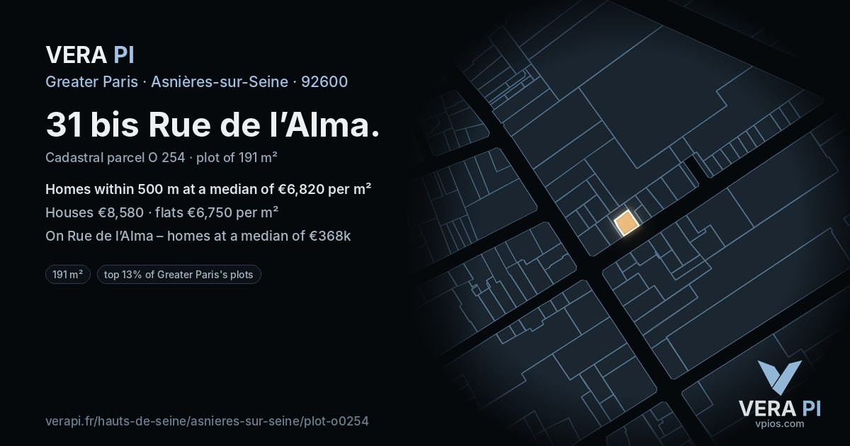 31 bis Rue de l’Alma, Asnières-sur-Seine at night – the plot lit, the parcels around coloured by the prices near them