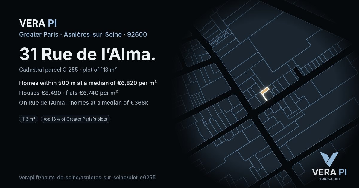 31 Rue de l’Alma, Asnières-sur-Seine at night – the plot lit, the parcels around coloured by the prices near them