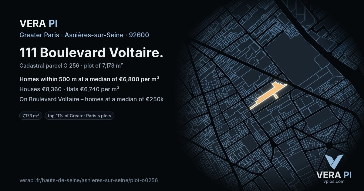 111 Boulevard Voltaire, Asnières-sur-Seine at night – the plot lit, the parcels around coloured by the prices near them