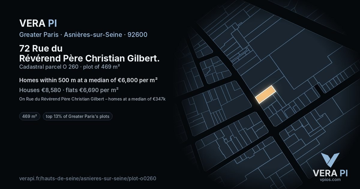 72 Rue du Révérend Père Christian Gilbert, Asnières-sur-Seine at night – the plot lit, the parcels around coloured by the prices near them