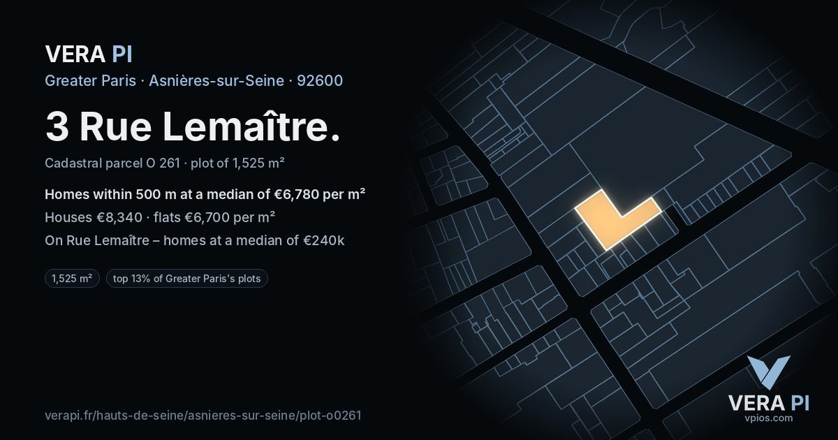 3 Rue Lemaître, Asnières-sur-Seine at night – the plot lit, the parcels around coloured by the prices near them