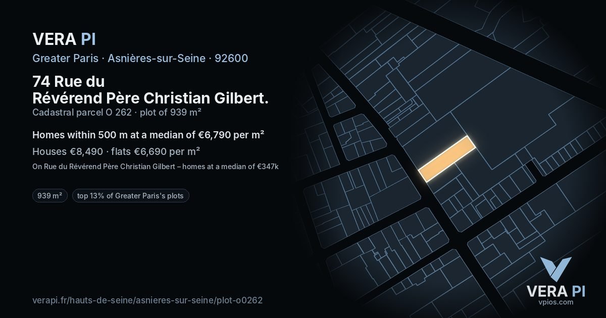 74 Rue du Révérend Père Christian Gilbert, Asnières-sur-Seine at night – the plot lit, the parcels around coloured by the prices near them