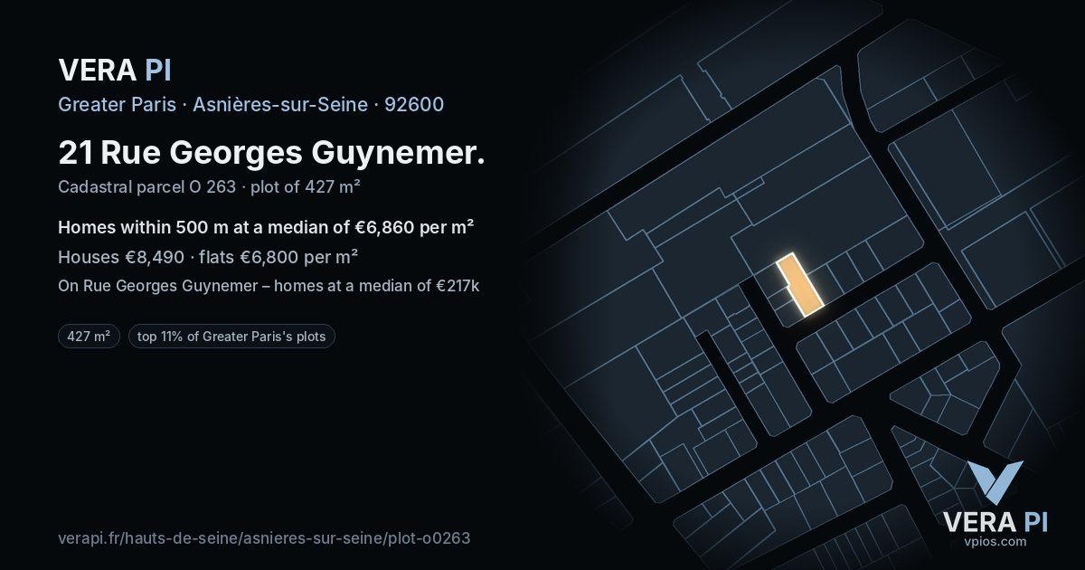 21 Rue Georges Guynemer, Asnières-sur-Seine at night – the plot lit, the parcels around coloured by the prices near them