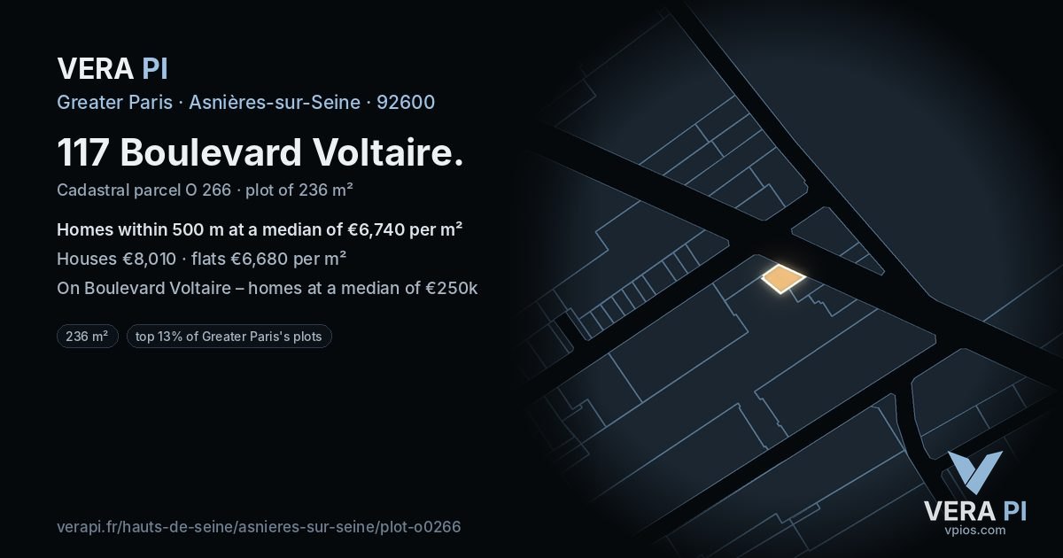 117 Boulevard Voltaire, Asnières-sur-Seine at night – the plot lit, the parcels around coloured by the prices near them