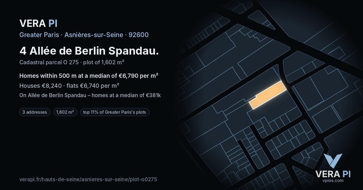 4 Allée de Berlin Spandau, Asnières-sur-Seine at night – the plot lit, the parcels around coloured by the prices near them