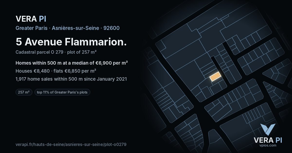 5 Avenue Flammarion, Asnières-sur-Seine at night – the plot lit, the parcels around coloured by the prices near them