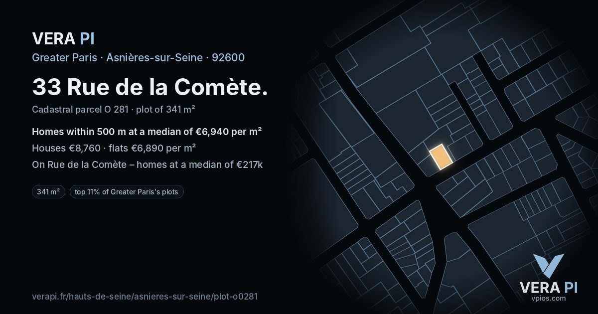 33 Rue de la Comète, Asnières-sur-Seine at night – the plot lit, the parcels around coloured by the prices near them