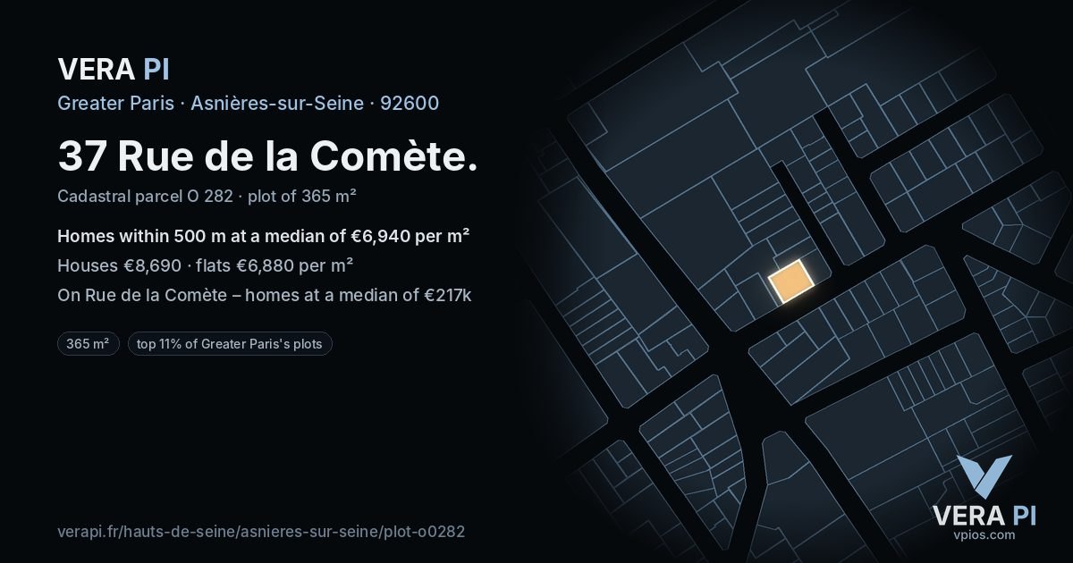 37 Rue de la Comète, Asnières-sur-Seine at night – the plot lit, the parcels around coloured by the prices near them
