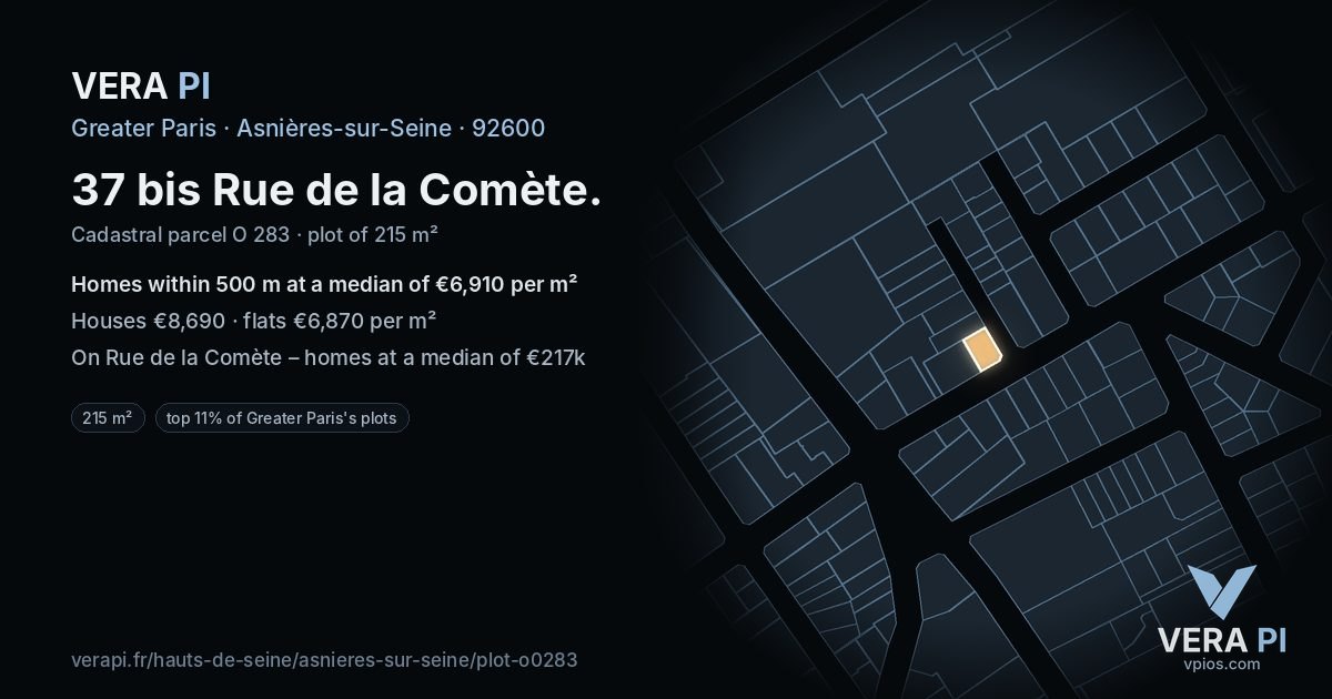 37 bis Rue de la Comète, Asnières-sur-Seine at night – the plot lit, the parcels around coloured by the prices near them