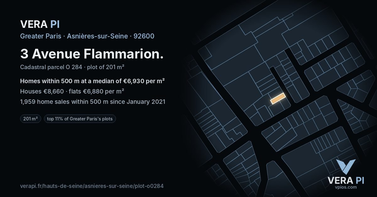 3 Avenue Flammarion, Asnières-sur-Seine at night – the plot lit, the parcels around coloured by the prices near them
