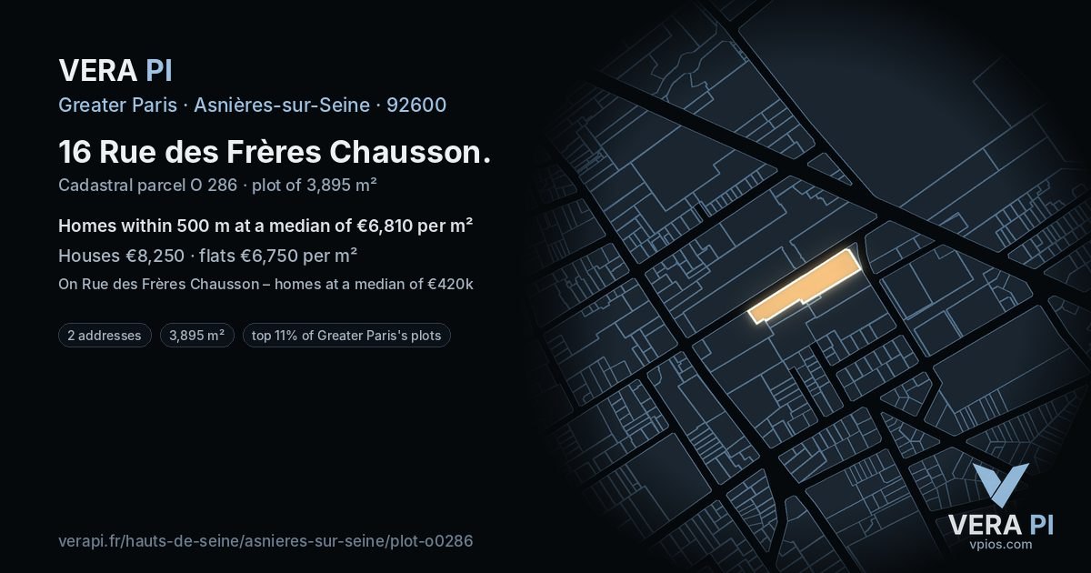 16 Rue des Frères Chausson, Asnières-sur-Seine at night – the plot lit, the parcels around coloured by the prices near them