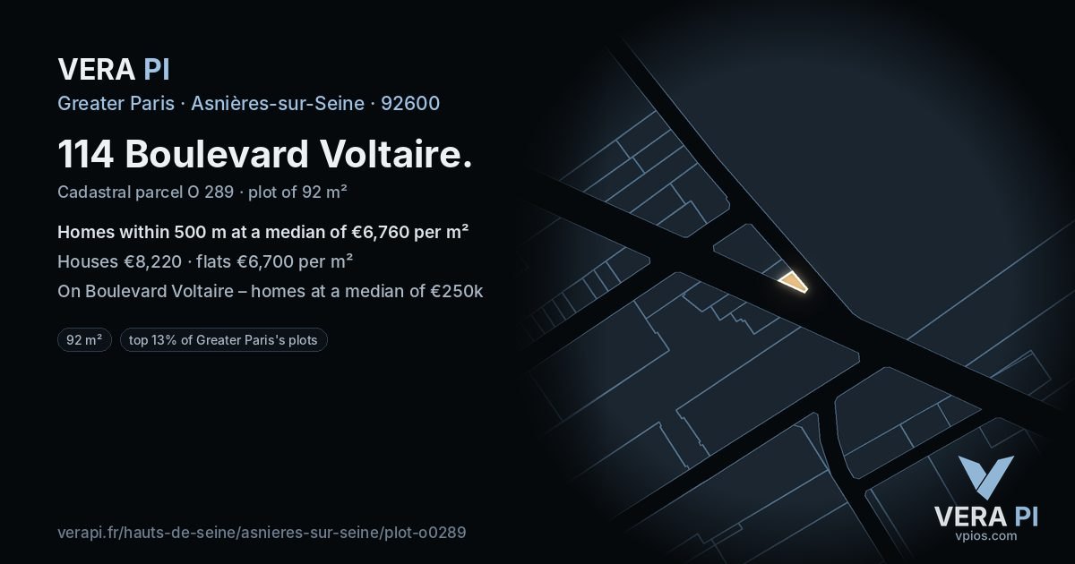 114 Boulevard Voltaire, Asnières-sur-Seine at night – the plot lit, the parcels around coloured by the prices near them