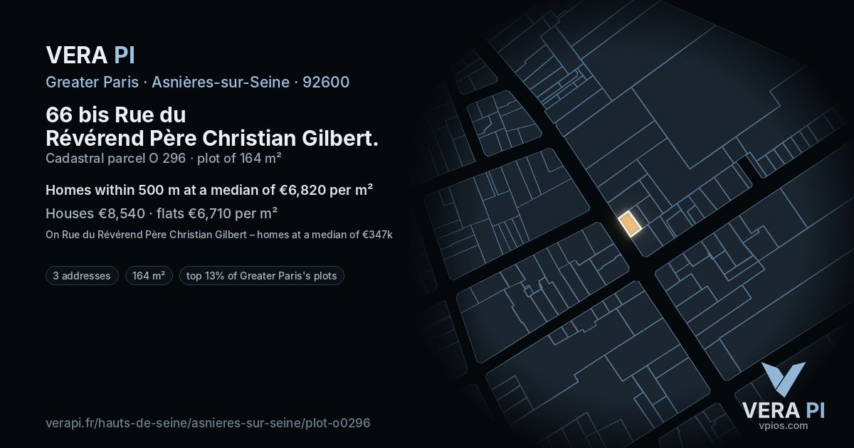 66 bis Rue du Révérend Père Christian Gilbert, Asnières-sur-Seine at night – the plot lit, the parcels around coloured by the prices near them