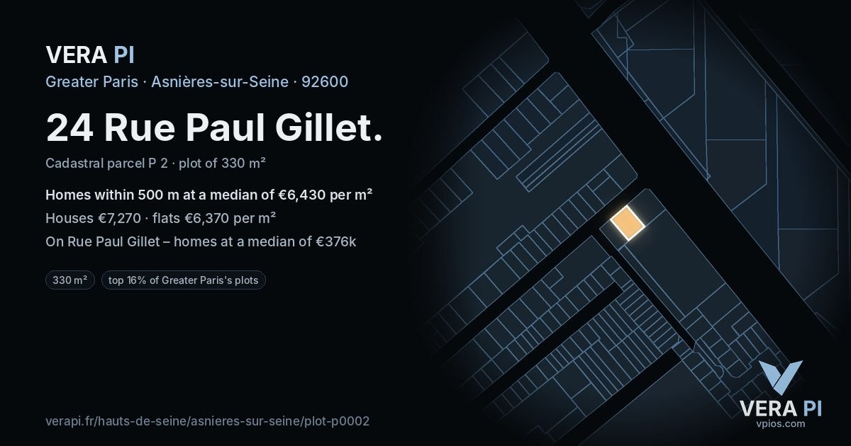24 Rue Paul Gillet, Asnières-sur-Seine at night – the plot lit, the parcels around coloured by the prices near them