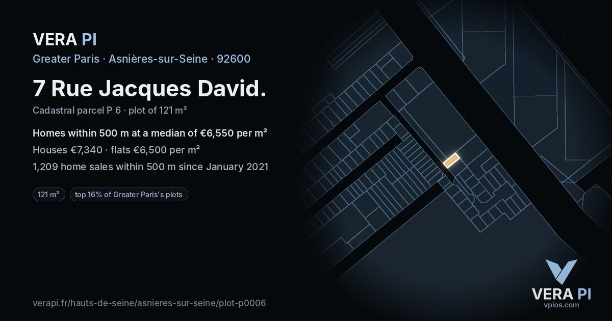 7 Rue Jacques David, Asnières-sur-Seine at night – the plot lit, the parcels around coloured by the prices near them