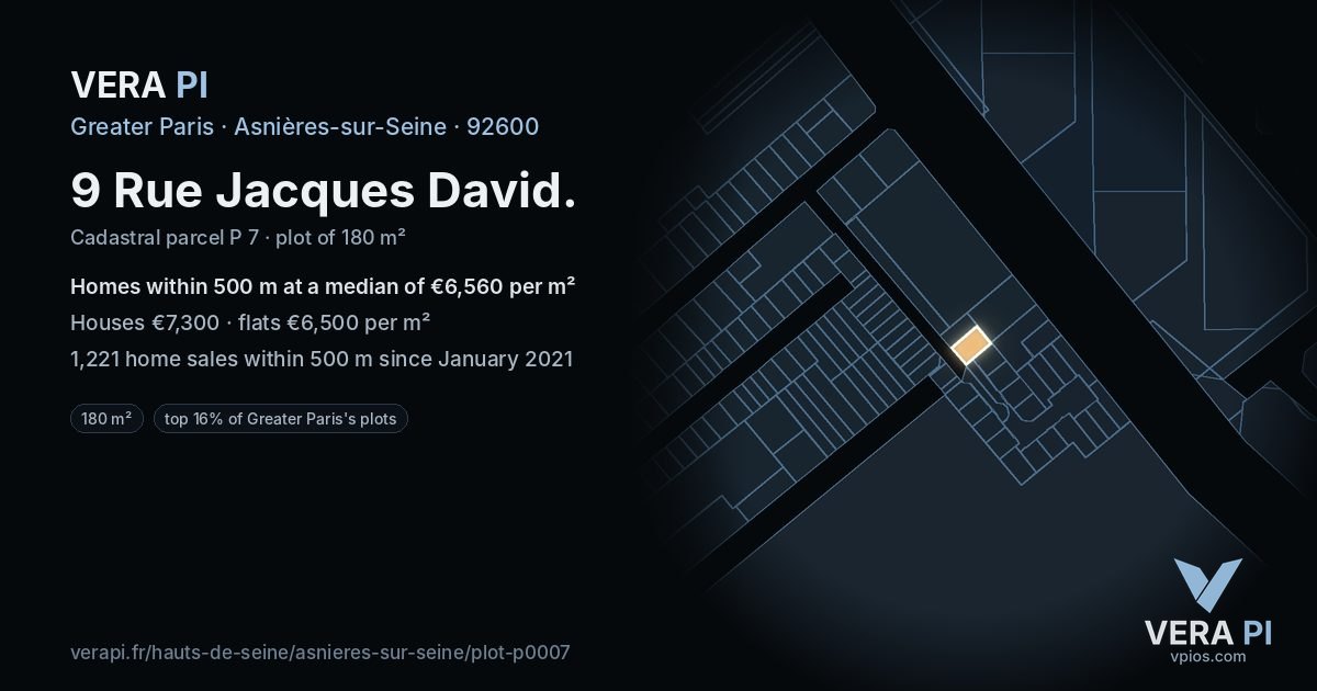9 Rue Jacques David, Asnières-sur-Seine at night – the plot lit, the parcels around coloured by the prices near them