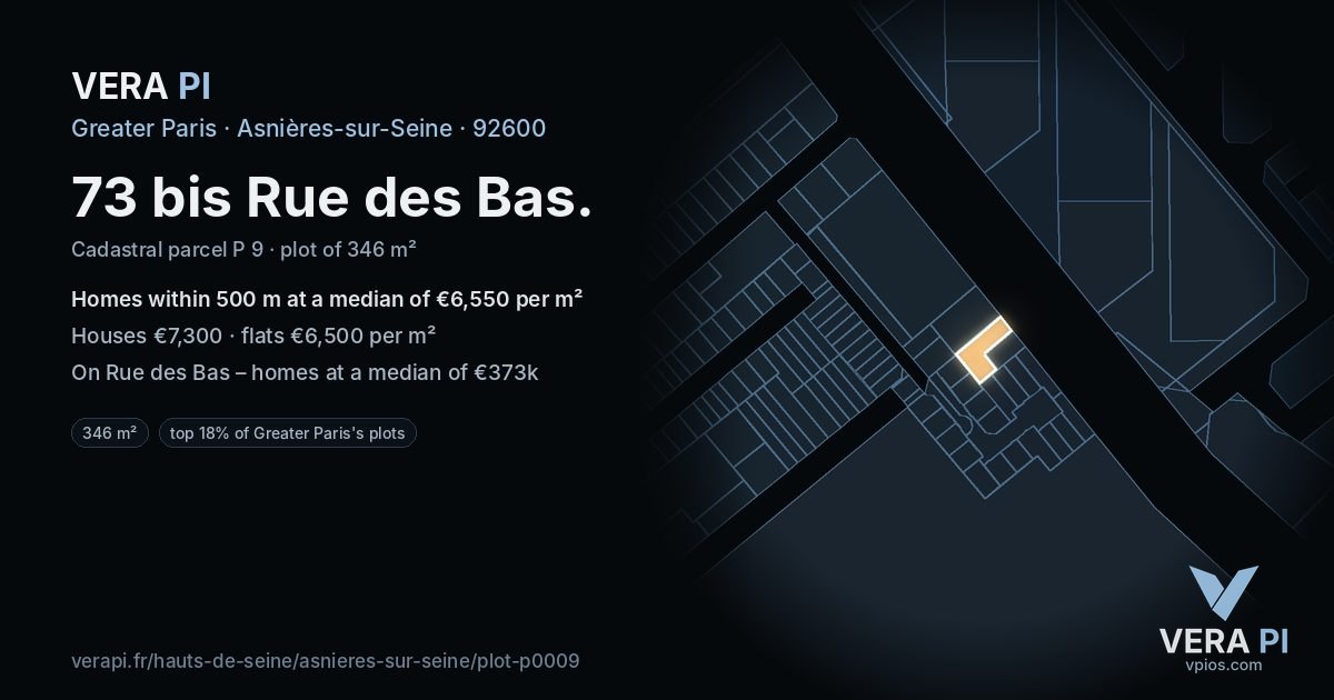 73 bis Rue des Bas, Asnières-sur-Seine at night – the plot lit, the parcels around coloured by the prices near them