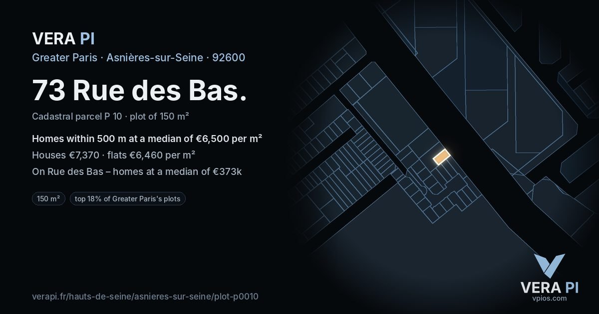 73 Rue des Bas, Asnières-sur-Seine at night – the plot lit, the parcels around coloured by the prices near them